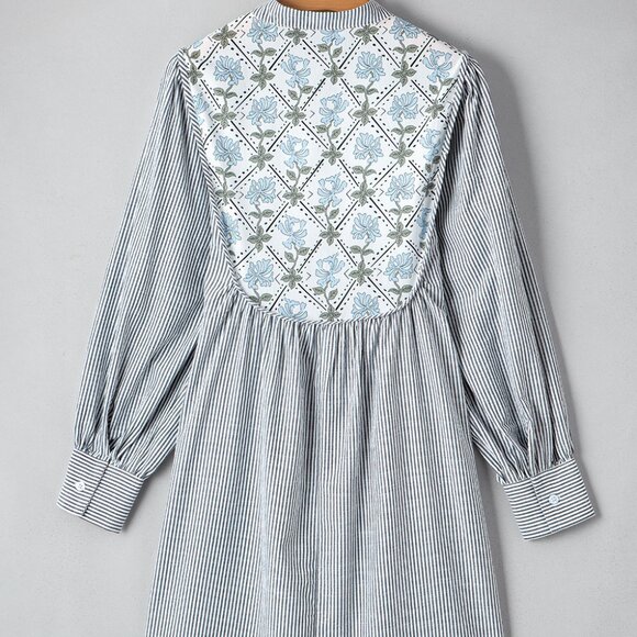 B264 Black Stripe Floral Patchwork Tied V Neck Shift Long Sleeve Mini Dress - Picture 8 of 14